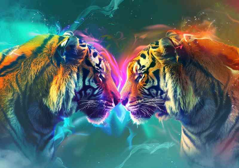 a pair of tigers facing colourful colours | Metal Poster