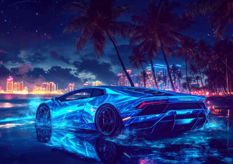 Blue Lamborghini Huracan on the beach at night | Canvas
