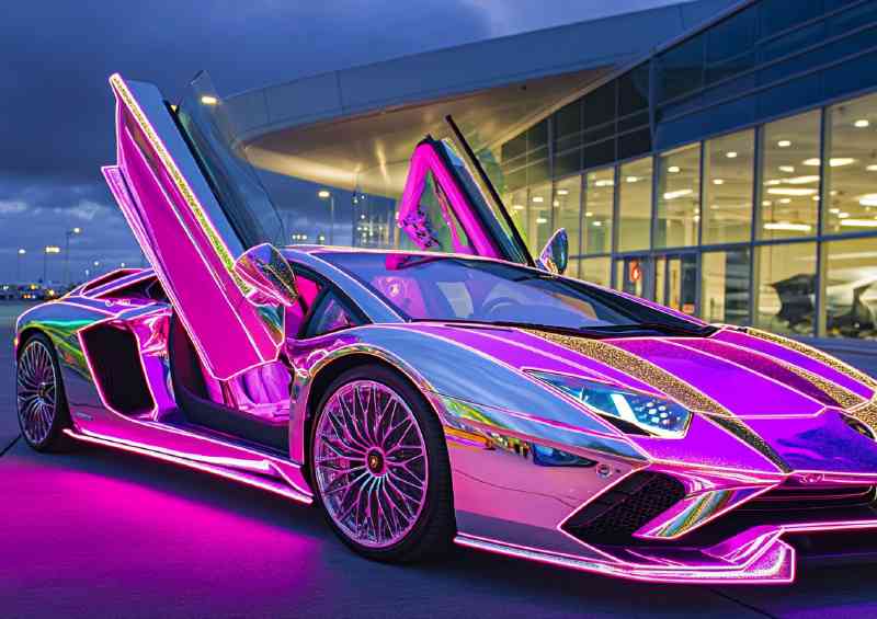 Chrome metallic Lamborghini Aventador with neon | Metal Poster