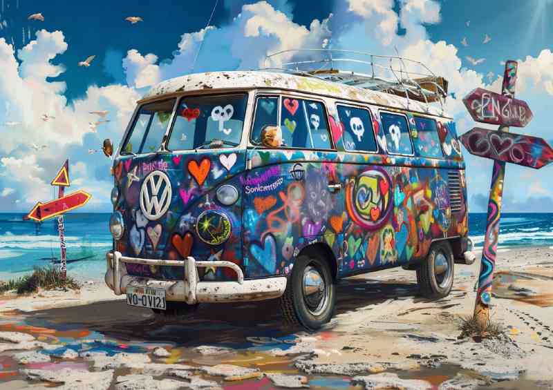 Classic hippie van covered in colorful graffiti | Di-Bond