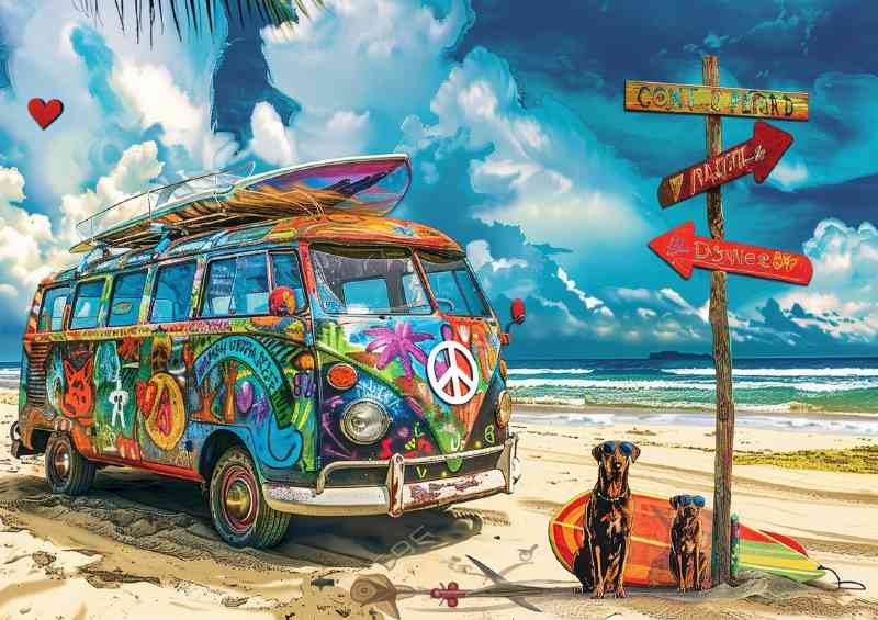 Colorful van covered in graffiti art and peace sign | Poster