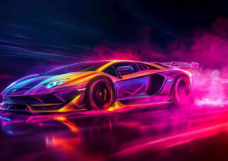 Lamborghini Aventador in neon with smoke | Metal Poster