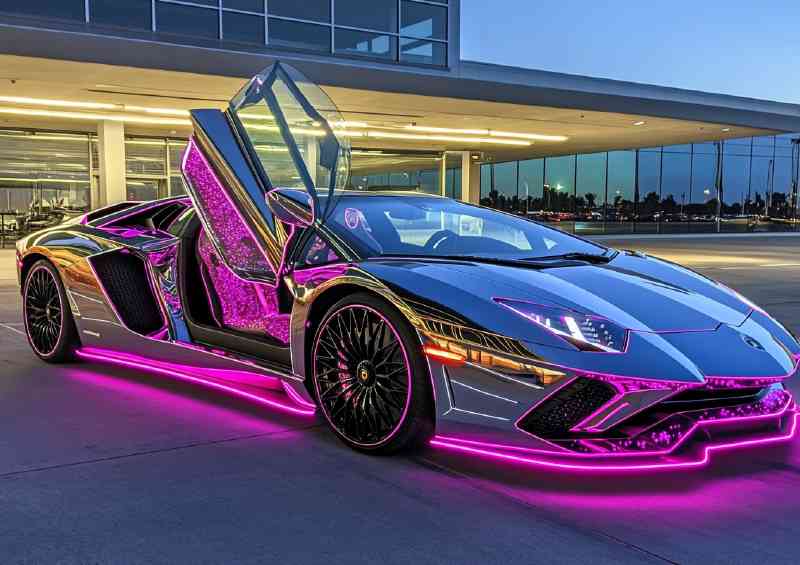 Lamborghini Aventador with neon lights | Metal Poster