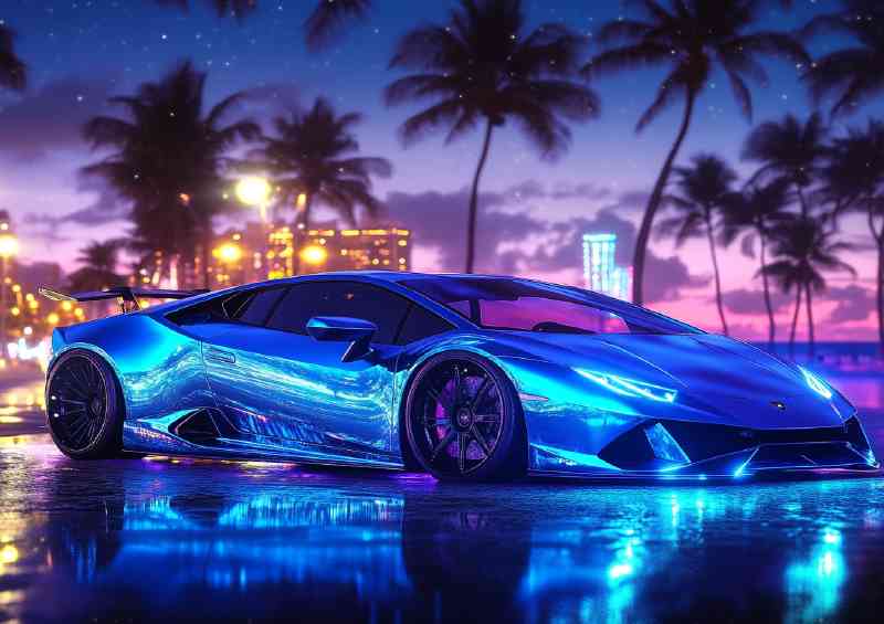 Lamborghini Huracan on the beach at night in blue | Poster