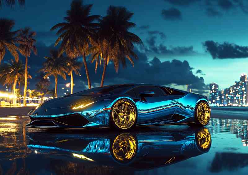 Lamborghini huracan blue and gold at dusk | Metal Poster