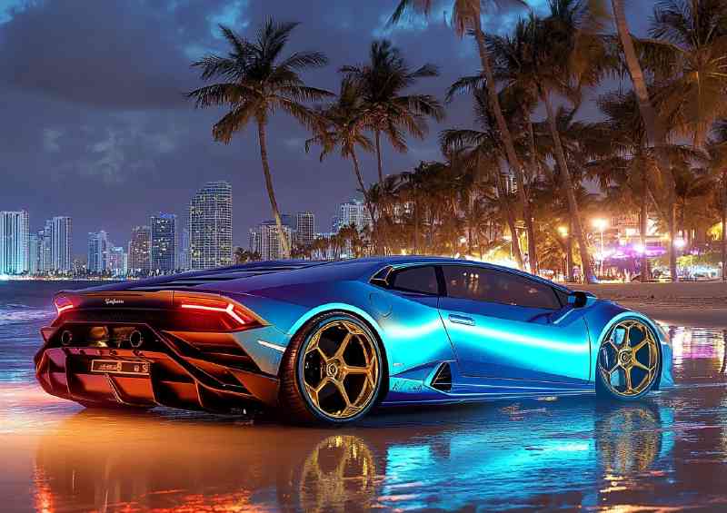 Lamborghini huracan blue and gold city skyline | Metal Poster