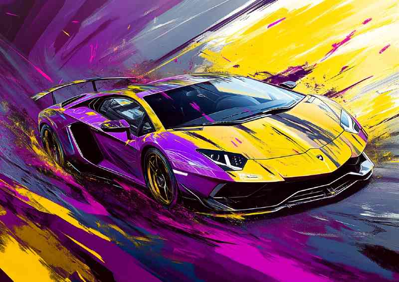 Lamborghini in the style of yellow and purple paint | Metal Poster