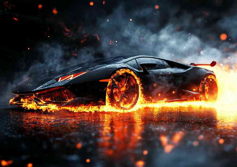 Lamborghini with smoke and fire in black | Poster