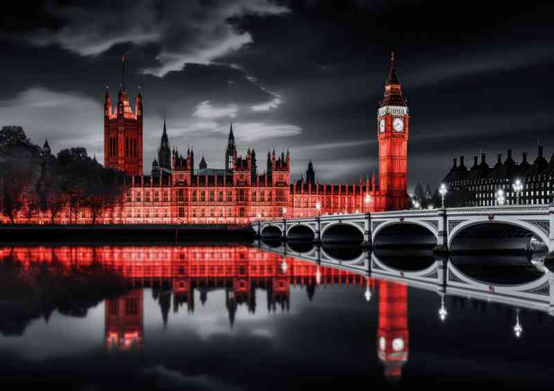 Big ben castle and thames at night in black and white | Di-Bond