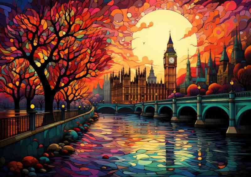 Big ben hanging over an autumnal river London | Poster