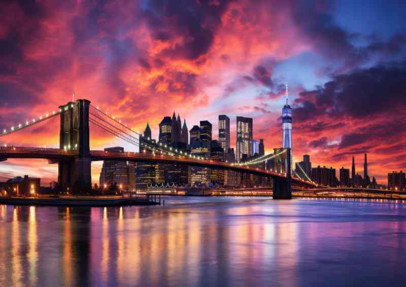 Brooklyn bridge city skyline dusk view | Metal Poster
