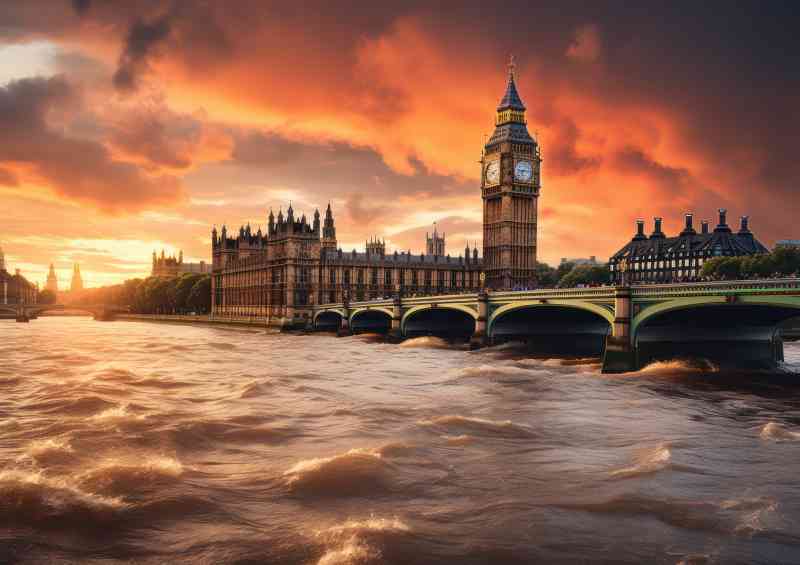 London big ben at sunset crashing waves | Metal Poster