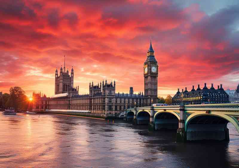 London big ben clam day setting sun skyline | Metal Poster