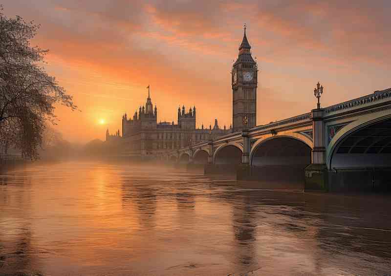 Misty sunrise over the river big ben | Metal Poster