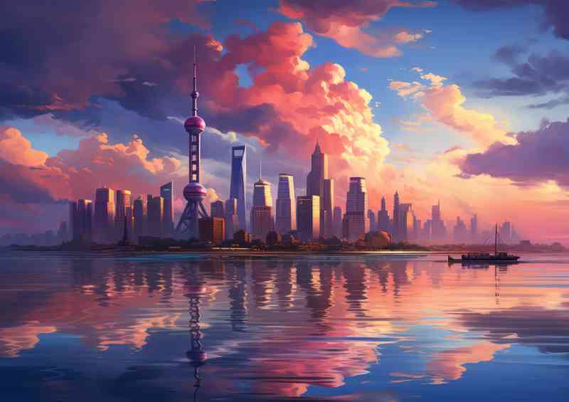 Shanghai skyline at sunset with clouds from the embankment | Di-Bond