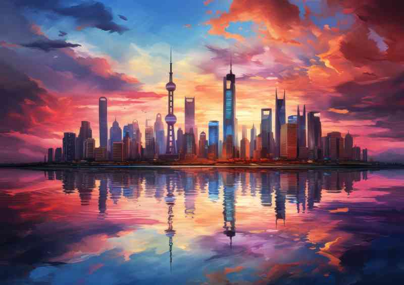 Shanghai skyline at sunset with clouds in the back | Poster