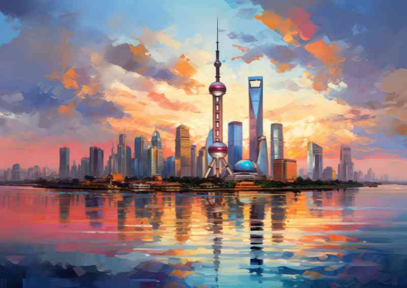 Shanghai skyline at sunset with clouds reflections | Metal Poster