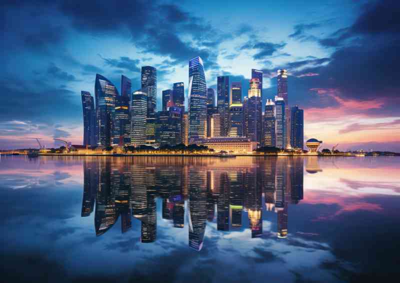 Skyline of singapore is reflected lake | Poster