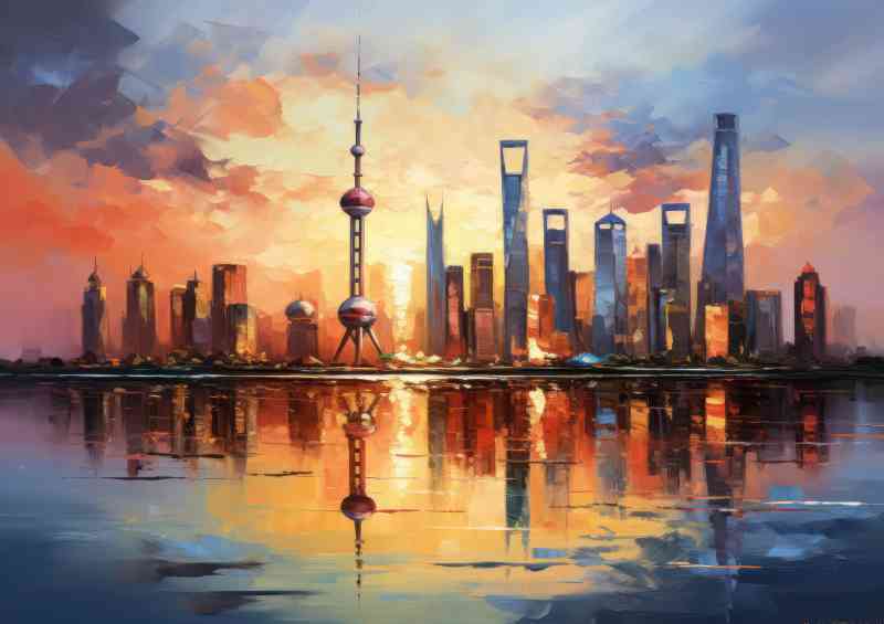 Sun rising over the shanghai reflection skyline | Di-Bond
