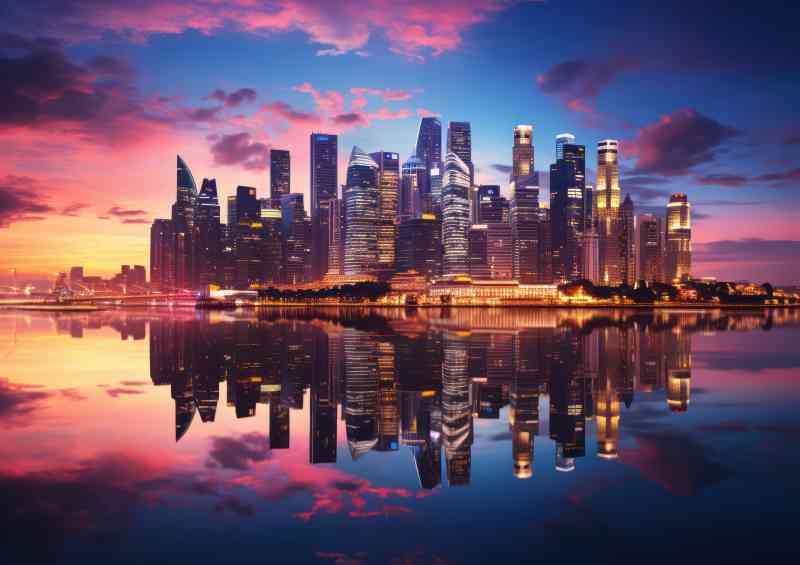 The skyline of singapore is reflected in a lake | Metal Poster