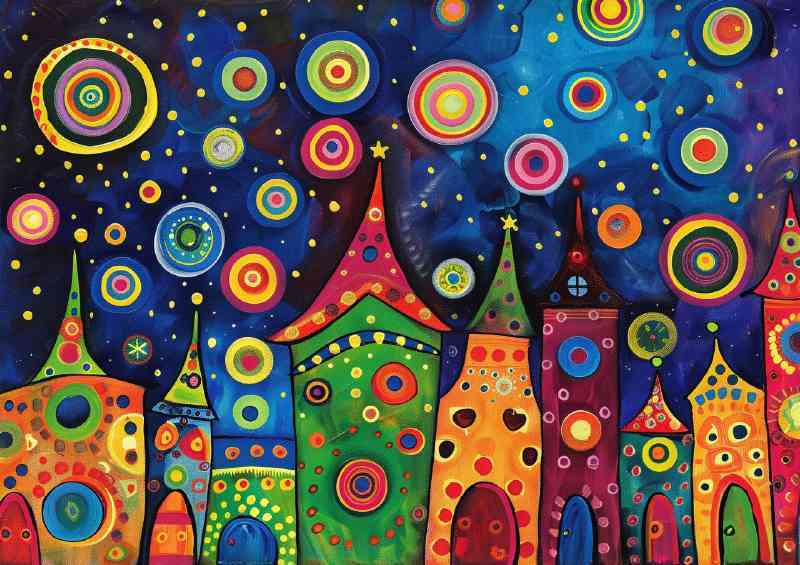 Circles and starry night in the village | Metal Poster
