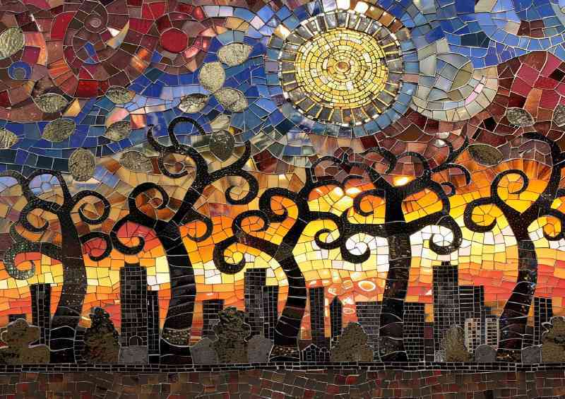 City skyline at sunset with swirling sun | Canvas