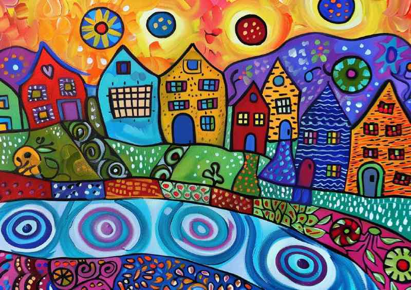 Painting houses with swirly stream | Metal Poster