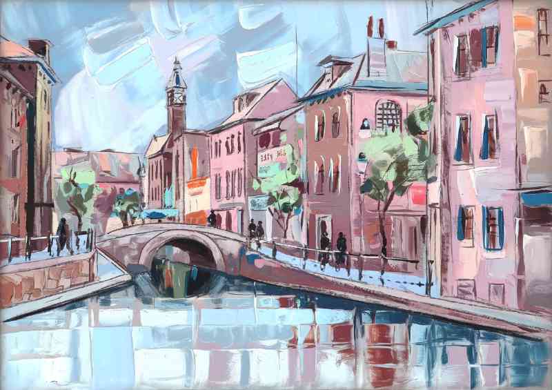 Picturesque urban scene possibly in europe with waterways | Canvas