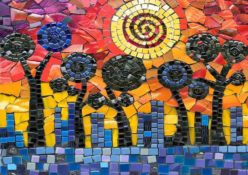 Stained glass village and sun | Metal Poster
