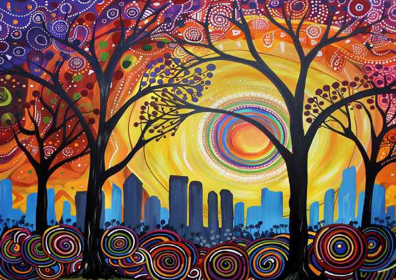 Sun setting over an urban town | Poster