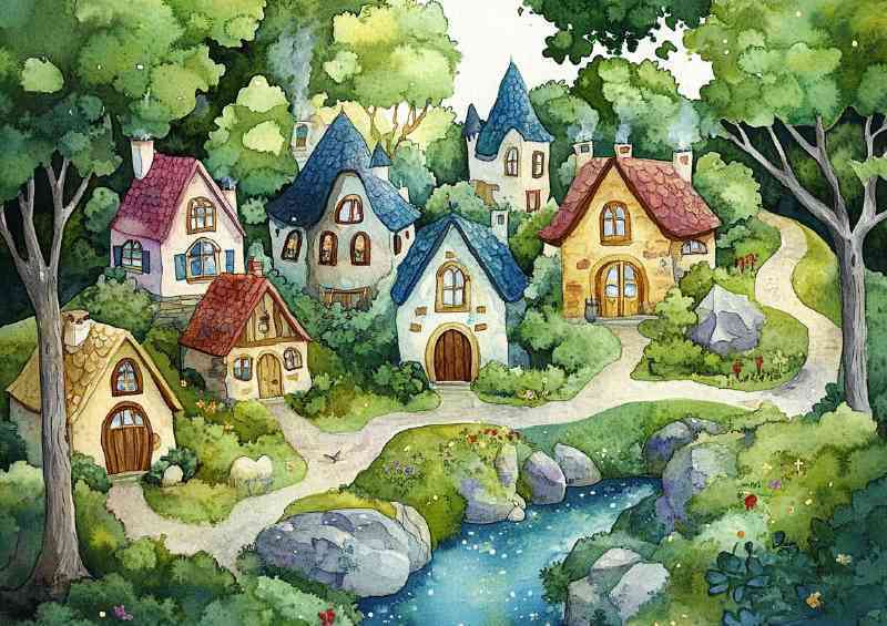 Whimsical fairy tale village houses watercolour style | Poster