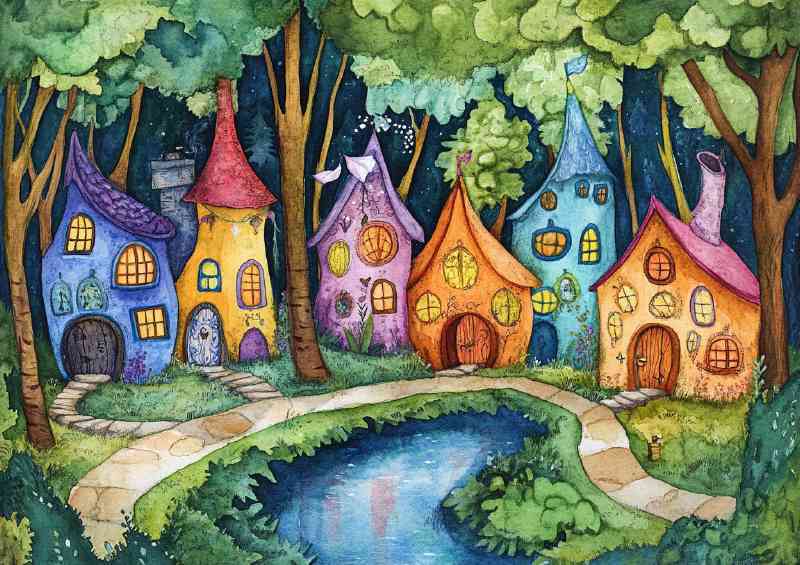 Whimsical gnome village by the pond | Metal Poster