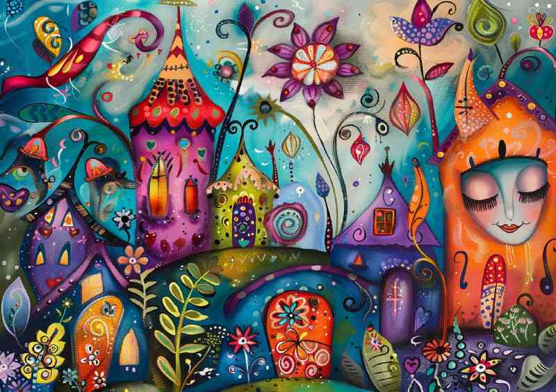 the whimsical magical village art | Metal Poster