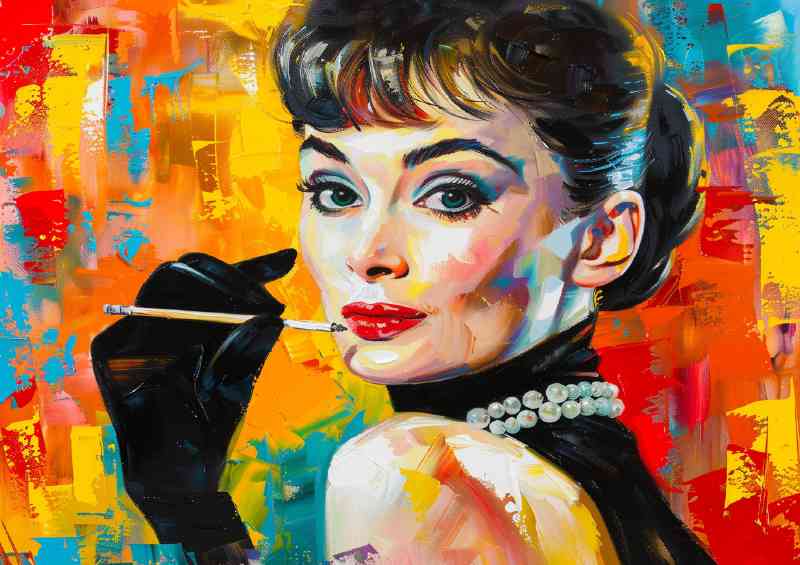 Oil painting of Audrey Hepburn in black gloves | Metal Poster