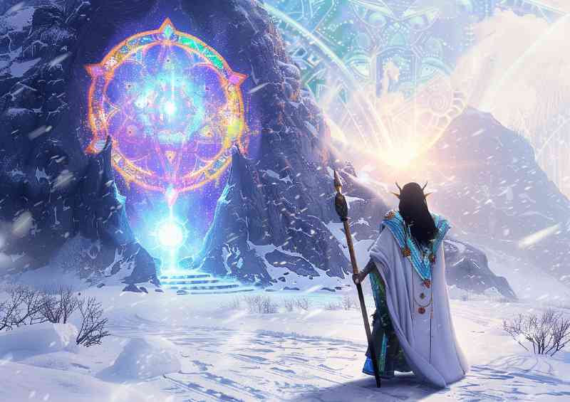 Wizzard elven in front of time portal | Metal Poster