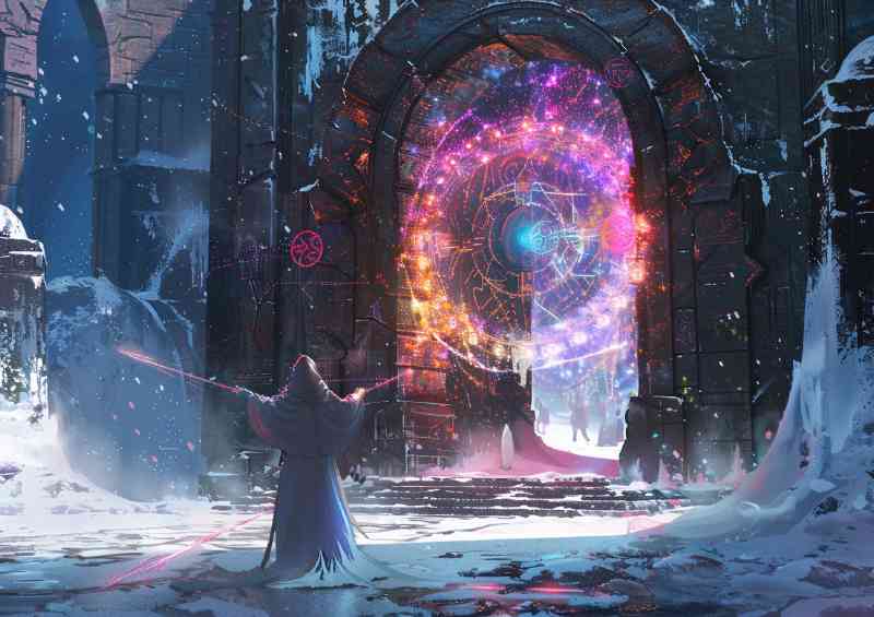 fantasy mage in white robes stands before an elaborate gate way | Metal Poster