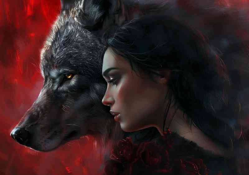 Black haired woman and wolf | Di-Bond