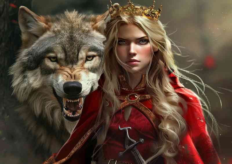 Blonde woman in red cloak and wolf | Metal Poster