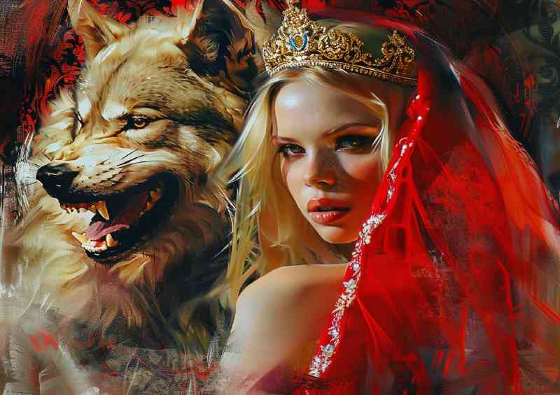 Blonde woman with red viel and wolf | Canvas