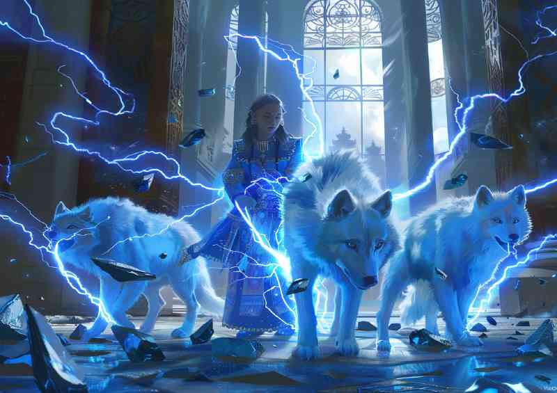 Electric white wolves and girl | Canvas