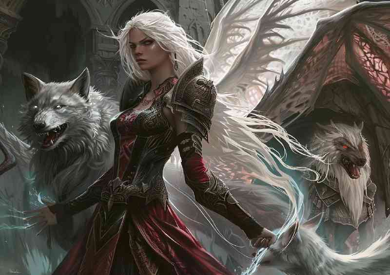 Fairy with wings and wolfs | Metal Poster