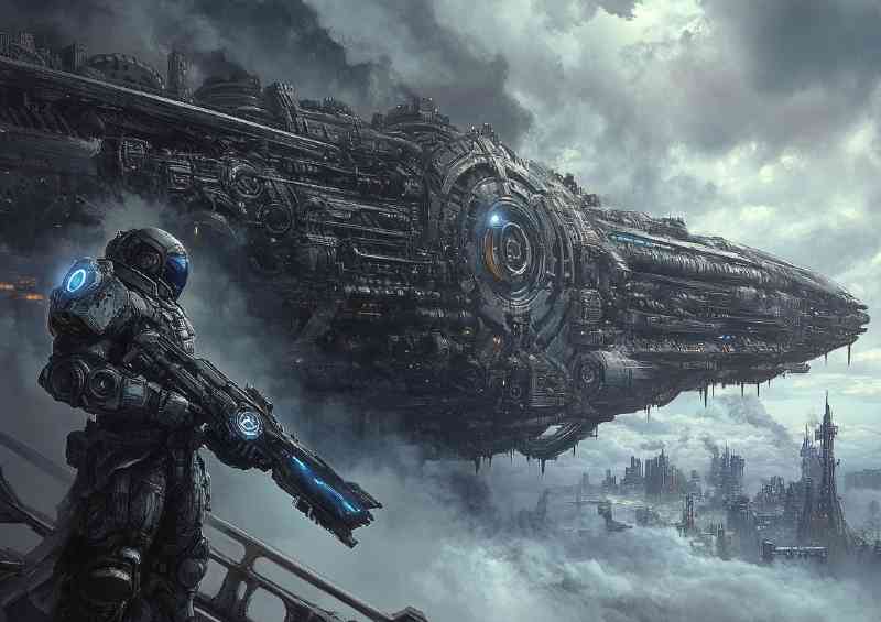 Futuristic knight holding electric rifel | Metal Poster