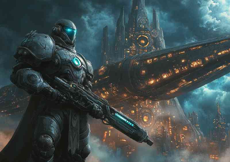 Futuristic knight in armor holding an energy rifle | Canvas