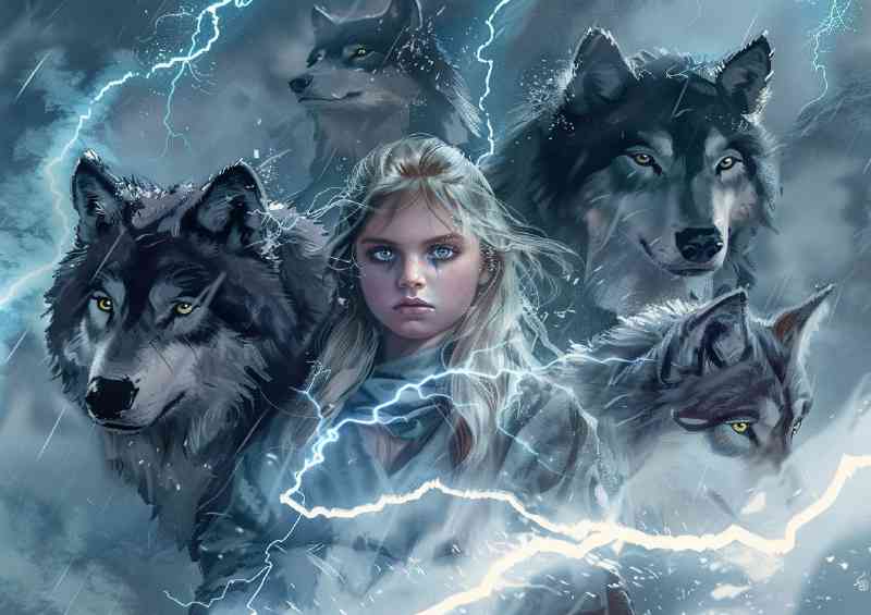 Girl with her protecting white wolves lightning | Di-Bond