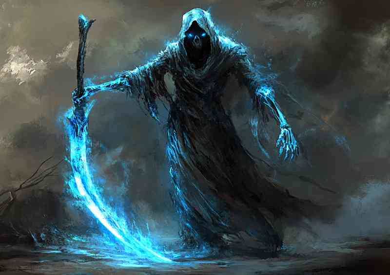 Glowing blue scythe fantasy grimm reaper | Metal Poster