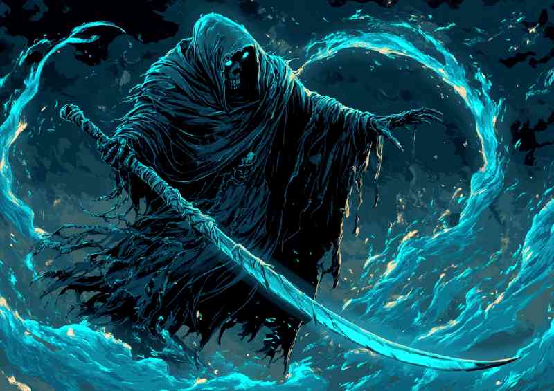 Grim reaper with scythe glowing blue and black | Metal Poster