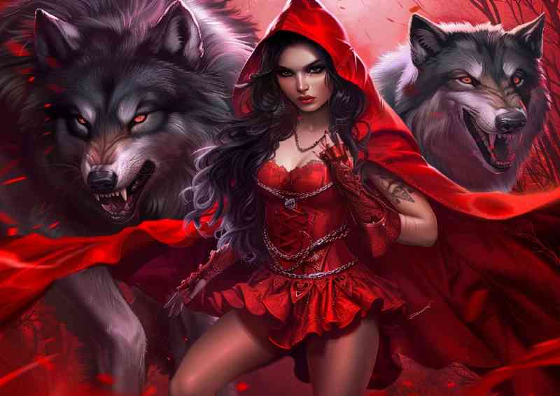 Lady in red cloak with two wolfs | Di-Bond