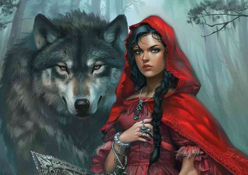 Lady in red riding hood outfit with wolf | Poster