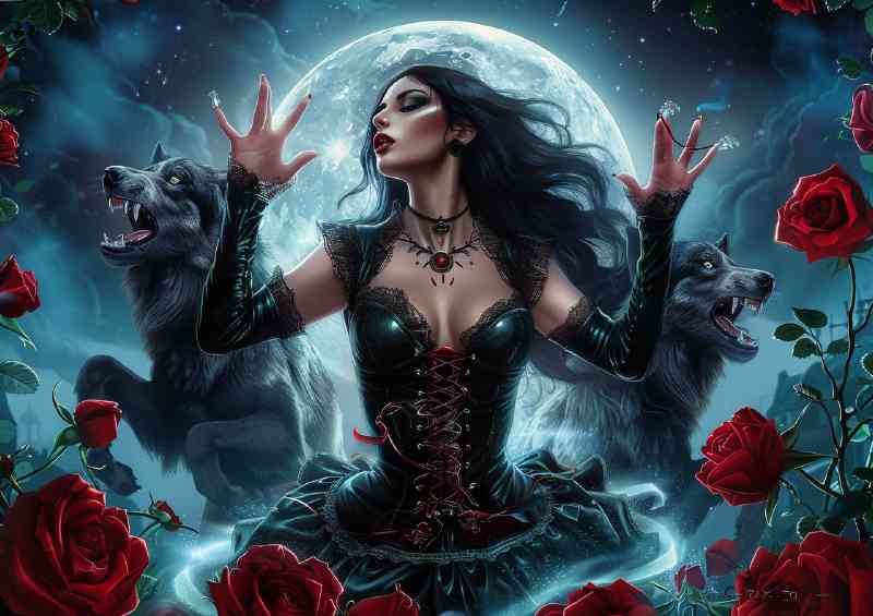 Lady moonlight at night with wolf | Poster