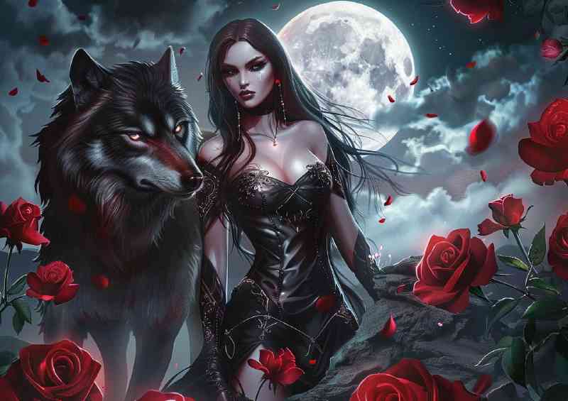 Lady with wolf and roses night | Poster